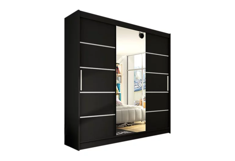 Dulap dormitor cu uşi glisante LUKAS VI cu oglindă, 250x215x58, negru mat