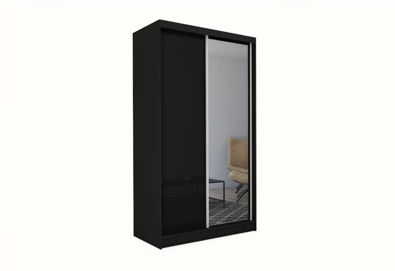 Dulap cu uși glisante și oglindă TARRA + Amortizor, negru, 150x216x61