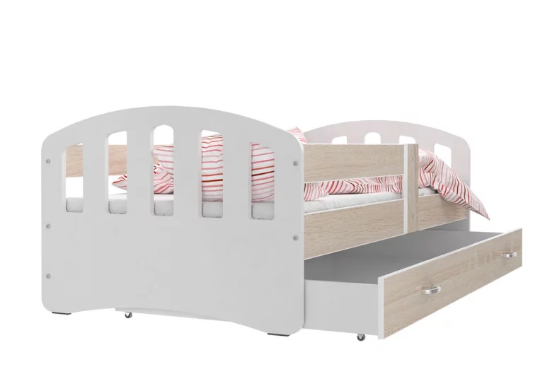 Dětská postel ŠTÍSTKO barevná + matrace + rošt ZDARMA, 140x80, bílá/dub Sonoma