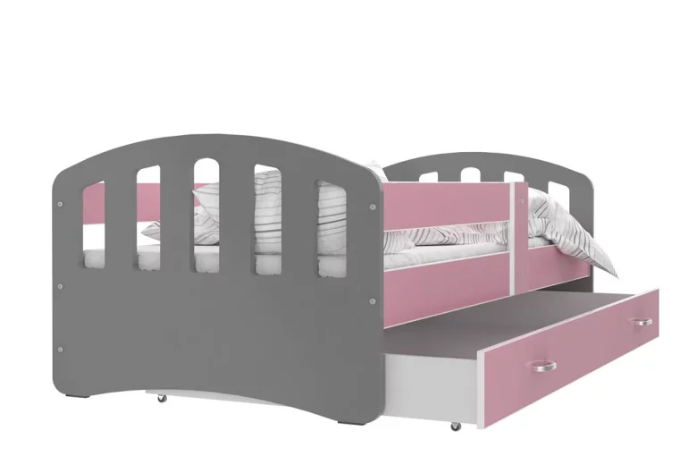 Dětská postel ŠTÍSTKO barevná + matrace + rošt ZDARMA, 140x80, šedá/růžová