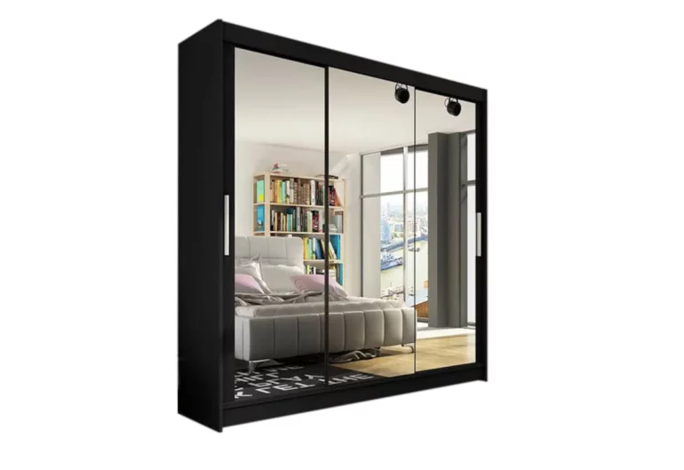 Dulap dormitor cu uşi glisante LUKAS III cu oglindă, 250x215x58, negru mat