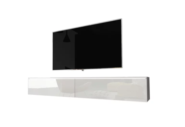 Comoda TV MENDES D 180, 180x30x32, alb/alb luciu + LED